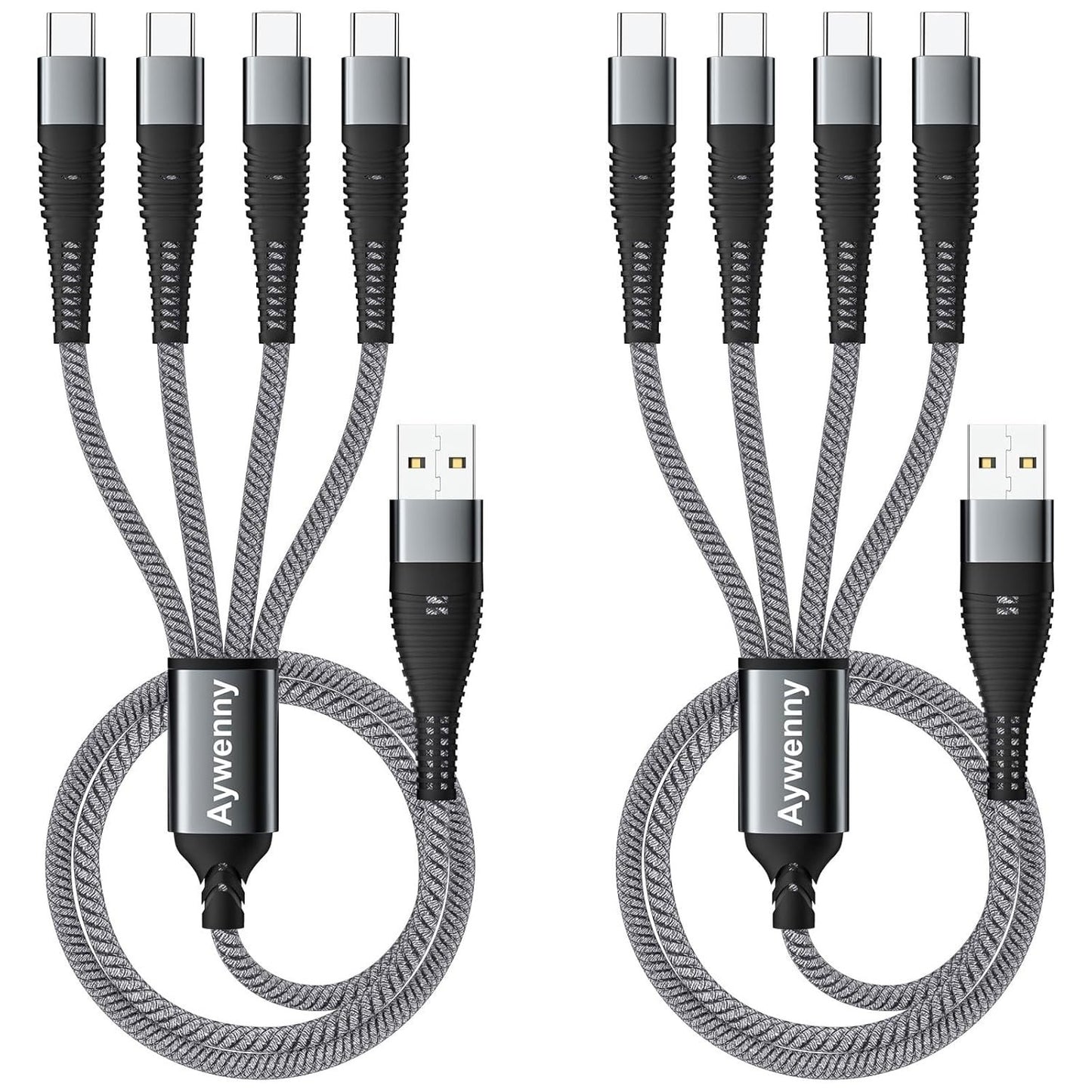 Aywenny Multi Charging Cable 2Pack 4FT Nylon Braided Universal 4 in 1 Multiple USB Cable 3A,with 4 USB-C Port Adapter,Compatible with Cell Phones Tablets Universal Use for Galaxy S22 S20 S9 (Grey)