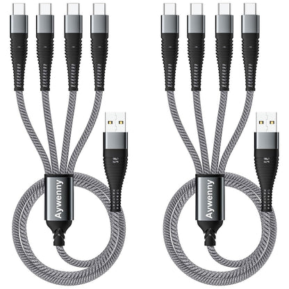 Aywenny Multi Charging Cable 2Pack 4FT Nylon Braided Universal 4 in 1 Multiple USB Cable 3A,with 4 USB-C Port Adapter,Compatible with Cell Phones Tablets Universal Use for Galaxy S22 S20 S9 (Grey)