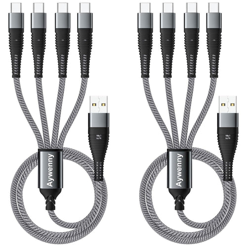 Aywenny Multi Charging Cable 2Pack 4FT Nylon Braided Universal 4 in 1 Multiple USB Cable 3A,with 4 USB-C Port Adapter,Compatible with Cell Phones Tablets Universal Use for Galaxy S22 S20 S9 (Grey)