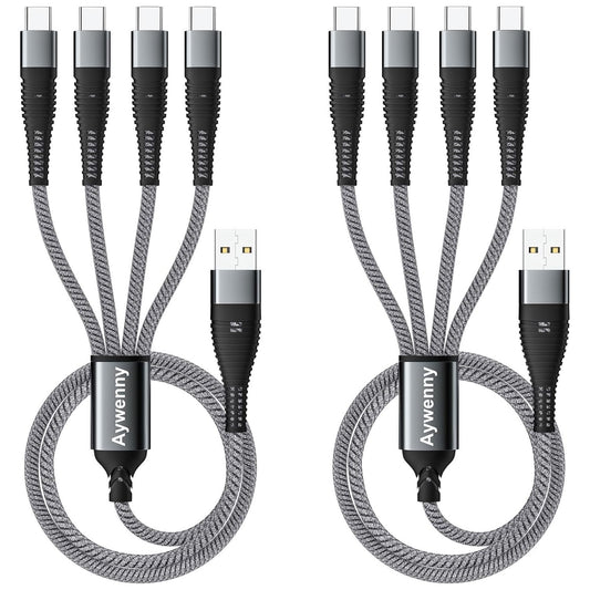 Aywenny Multi Charging Cable 2Pack 4FT Nylon Braided Universal 4 in 1 Multiple USB Cable 3A,with 4 USB-C Port Adapter,Compatible with Cell Phones Tablets Universal Use for Galaxy S22 S20 S9 (Grey)