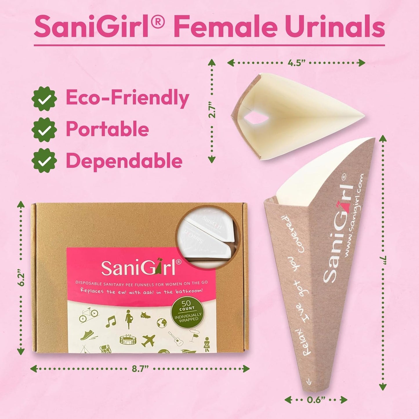 SaniGirl Travel Urinal for Women | Female Urination Device Disposable | Feminine Hygiene Products to Pee Standing Up | Travel Toiletries Camping and Festival Essentials (50 Count Individually Wrapped)