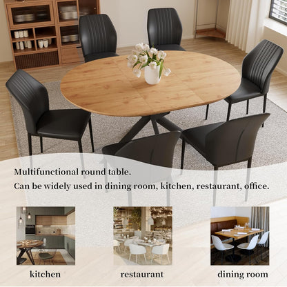 43.2"-59.1" Extendable Dining Table Set with Metal Legs, Wooden Round Kitchen Table for 4-6 Person, Oak Coffee Table w/Easy-Clean Tabletop