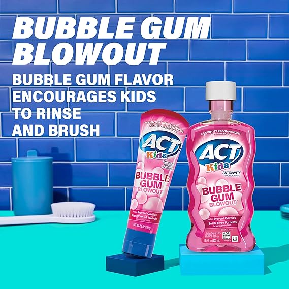 ACT Kids Anticavity Fluoride Rinse for Bad Breath Treatment, Bubble Gum Blowout, 16.9 fl. oz. (Pack of 3)