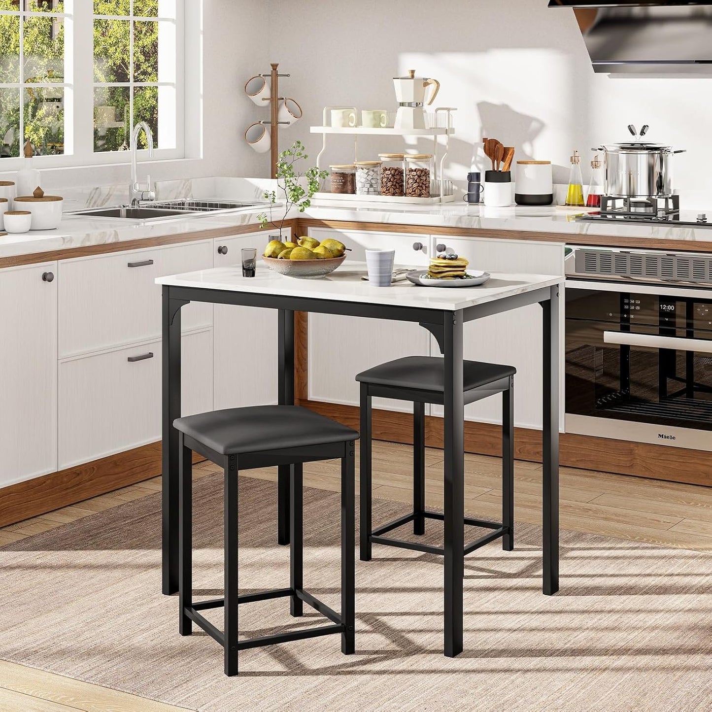 Giantex 3 Pcs Dining Table and Chairs Set with Faux Marble Tabletop 2 Chairs Contemporary Dining Table Set for Home or Hotel Dining Room, Kitchen or Bar (White & Black)
