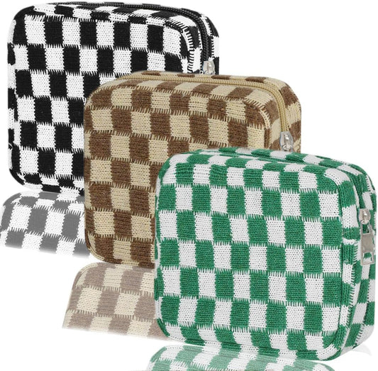KOTORA 3pcs Checkered Mini Makeup Bag Pocket Cosmetic Bag Portable Aesthetic Preppy Makeup Bag for Women Mini Travel Makeup Organizer Storage Car Accessories (Black Green Brown)