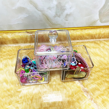 ZEQIDOU Hair Accessories Organizer, Tie Organizer for Girls, Acrylic Accessory Holder, Ponytail and Scrunchie Storage Container, Clear 3 Stackable Holder With Lids for Organizing