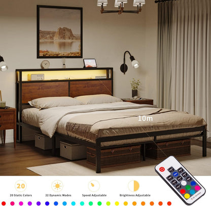 HAUSOURCE Queen Bed Frame with Storage Headboard Bed Frame Queen Size Metal Platform Bed with LED Lights USB Ports & Outlets Non-Slip Without Noise Strong Metal Slats Support No Box Spring Needed