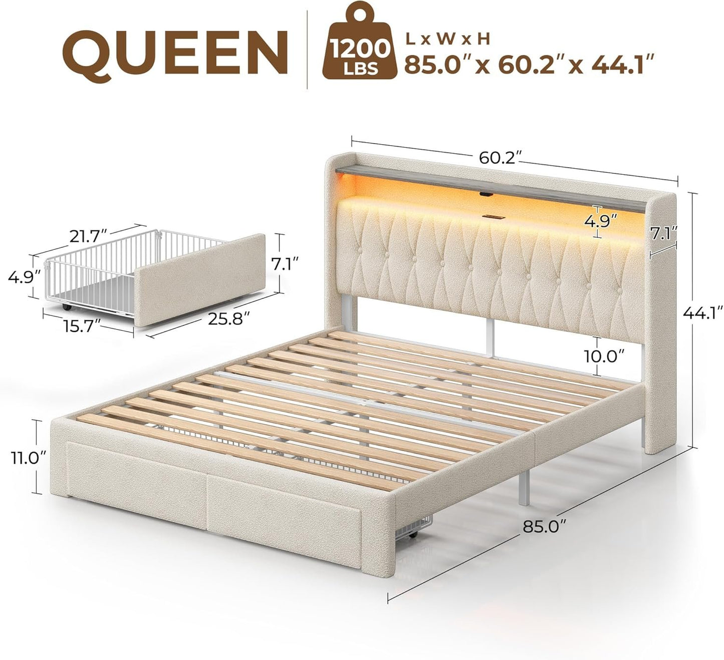Rolanstar Queen Bed Frame with Drawers, Storage Headboard with Charging Station and LED Lights, Upholstered Bed with Heavy Duty Wood Slats, No Box Spring Needed, Noise Free, Easy Assembly, Beige