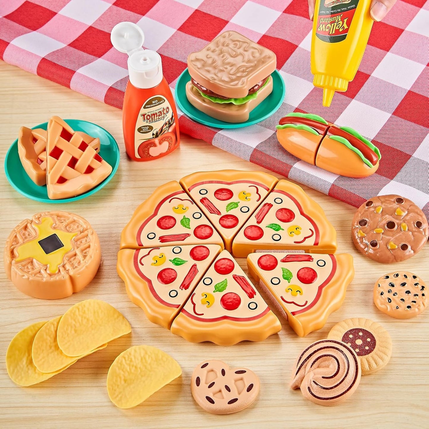 85Pcs Pretend Play Food Sets for Kids Kitchen, Cutting Toy Food with 2 Baskets, Play Kitchen Accessories for Toddlers, Fake Food with Pizza&Veggies&Fruits&Dessert, Kids Kitchen Toys, Boys Girls Gift.