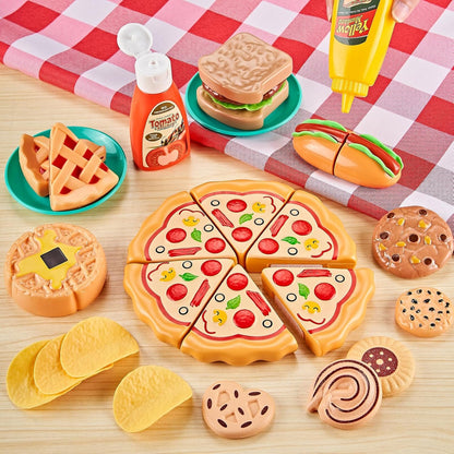 85Pcs Pretend Play Food Sets for Kids Kitchen, Cutting Toy Food with 2 Baskets, Play Kitchen Accessories for Toddlers, Fake Food with Pizza&Veggies&Fruits&Dessert, Kids Kitchen Toys, Boys Girls Gift.