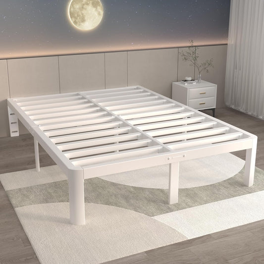 ITIMIDI 14 Inch White Full Size Bed Frame with Round Legs, Metal Platform Bed Frame Full No Box Spring Needed, DIY Headboard, Heavy Duty Steel, Noiseless, Storage Space, Easy Assembly