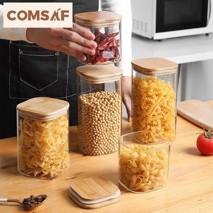 ComSaf Airtight Glass Storage Canister with Bamboo Lid 700/1100/1500ml Set of 6, Clear Food Storage Container Kitchen Pantry Storage Jar for Flour Cereal Sugar Tea Coffee Beans Snacks, Square