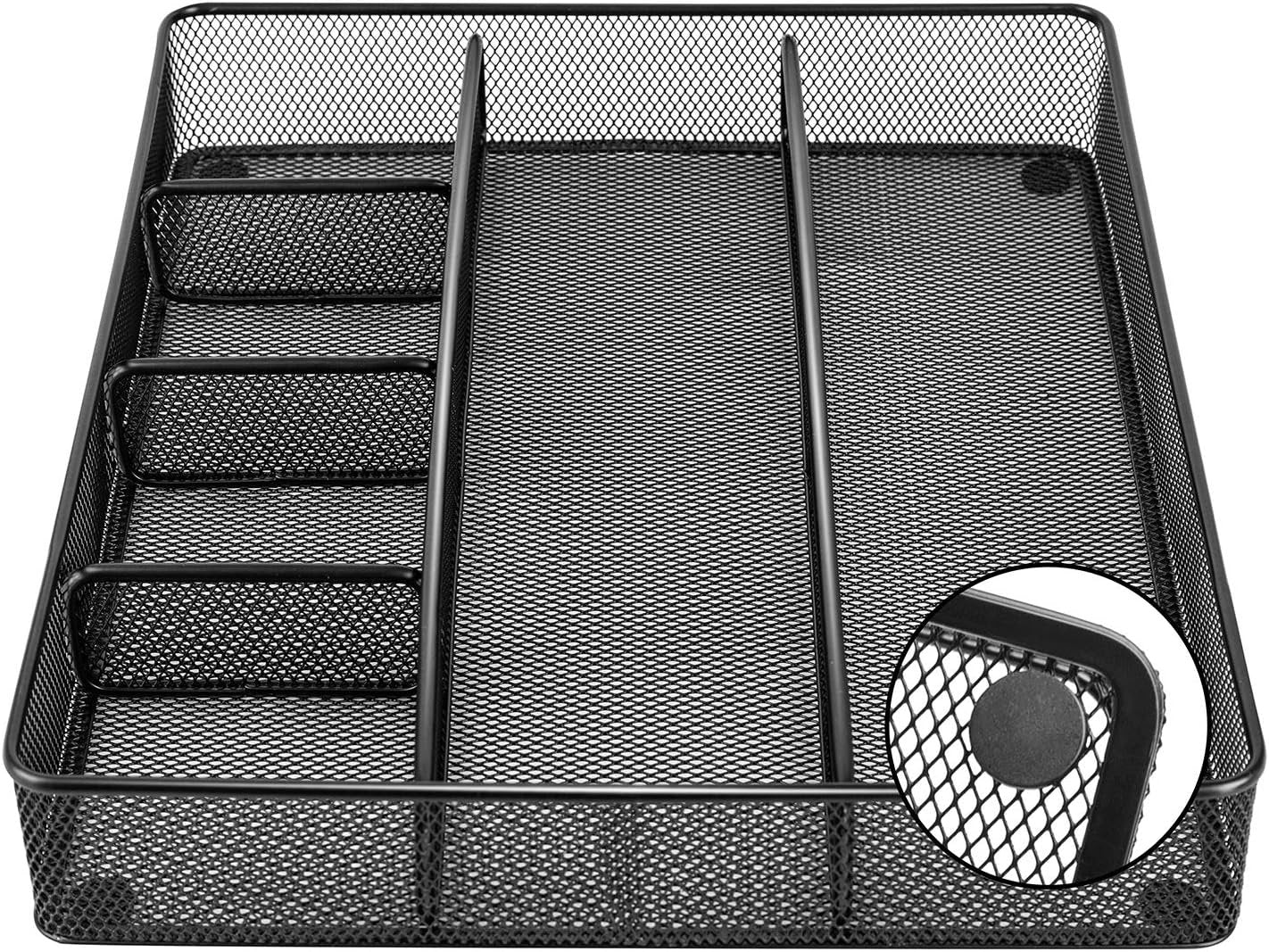 Amazon Basics Desk Drawer Organizer for Office and Home, Metal Mesh, Anti-Slip, 6 Compartments, Black