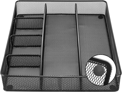 Amazon Basics Desk Drawer Organizer for Office and Home, Metal Mesh, Anti-Slip, 6 Compartments, Black