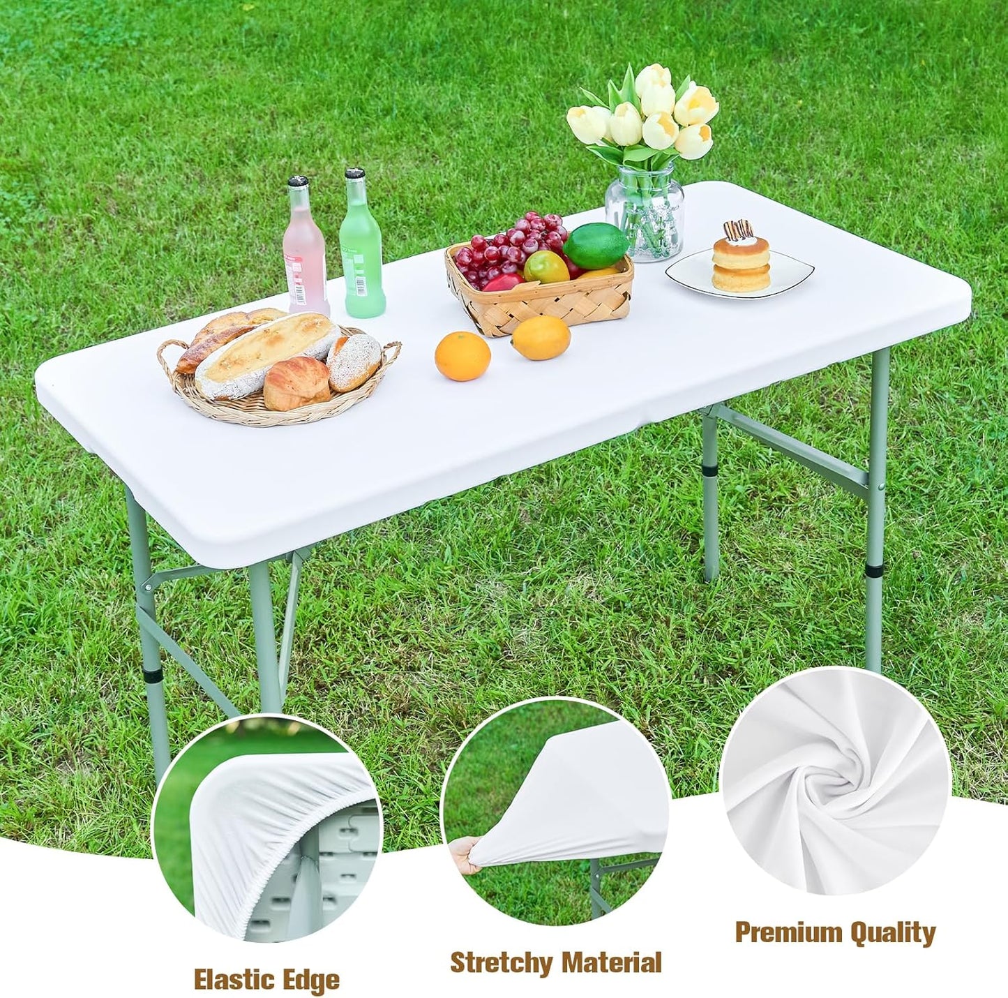 NEWISHER Fitted Rectangle Tablecloth 36 x 72 Inch Elastic Table Cloth Stretch Spandex Table Cover White Washable Polyester Table Top Cap Cover for Dining Picnic Camping Indoor and Outdoor