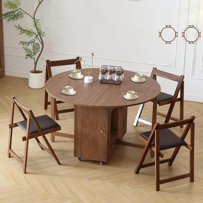 COMUHOME 47.3" Round Folding Dining Table for 4-8, Wood Kitchen Foldable Table Large Drop Leaf Dinner Table with Storage Shelf Metal Legs for Home Dining Room Living Room in Walnut