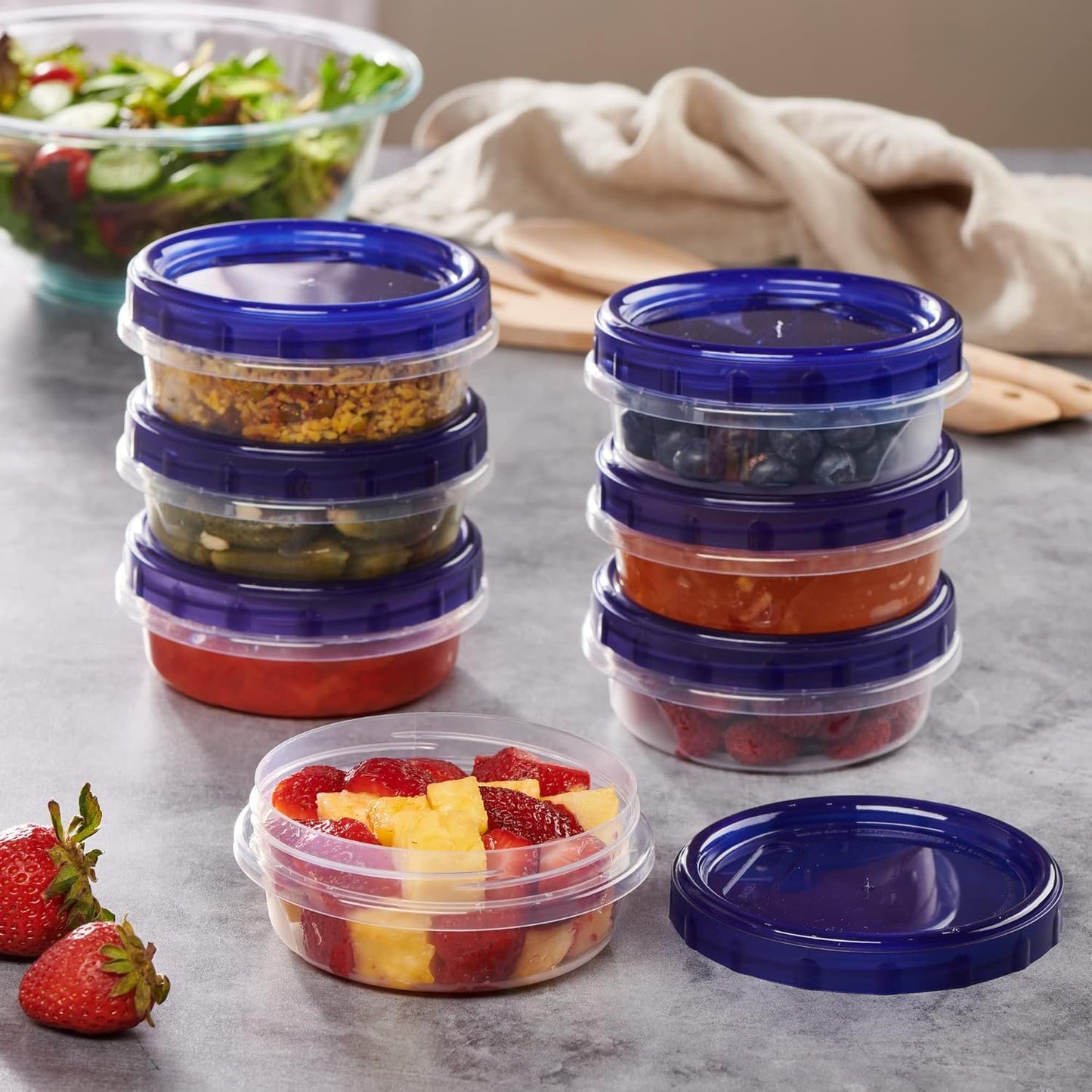 PLASTICPRO 12 Pack Twist Cap Food Storage Containers with Blue Screw on Lid- 8 oz Reusable Meal Prep Containers - Freezer and Microwave Safe Blue Plastic Food Storage