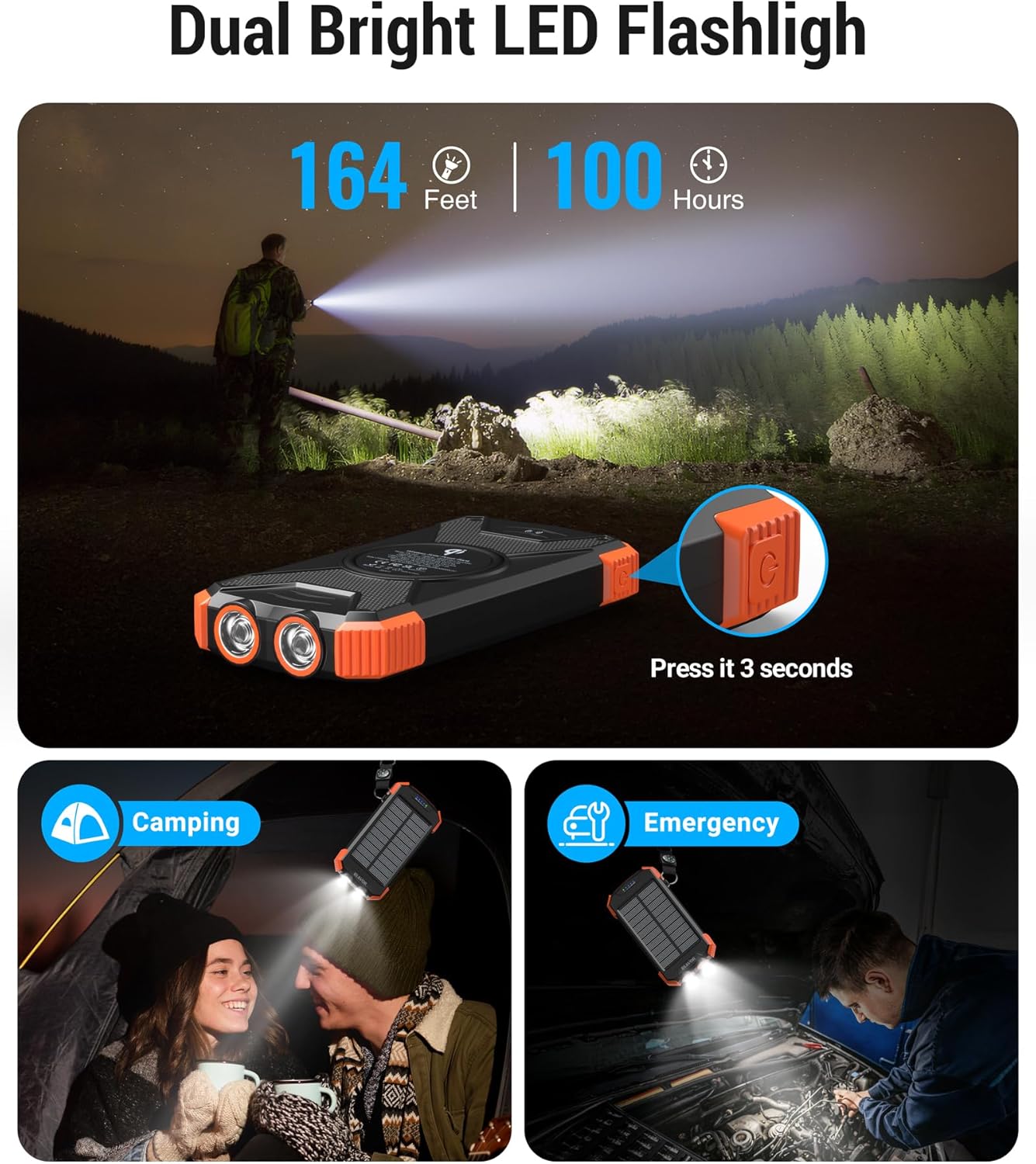 BLAVOR Solar Power Bank 10,000mAh, Portable Wireless Charger, 20W Fast Charging External Battery Pack with USB C for Cell Phones, Solar Panel Charger with Dual Flashlight and Compass