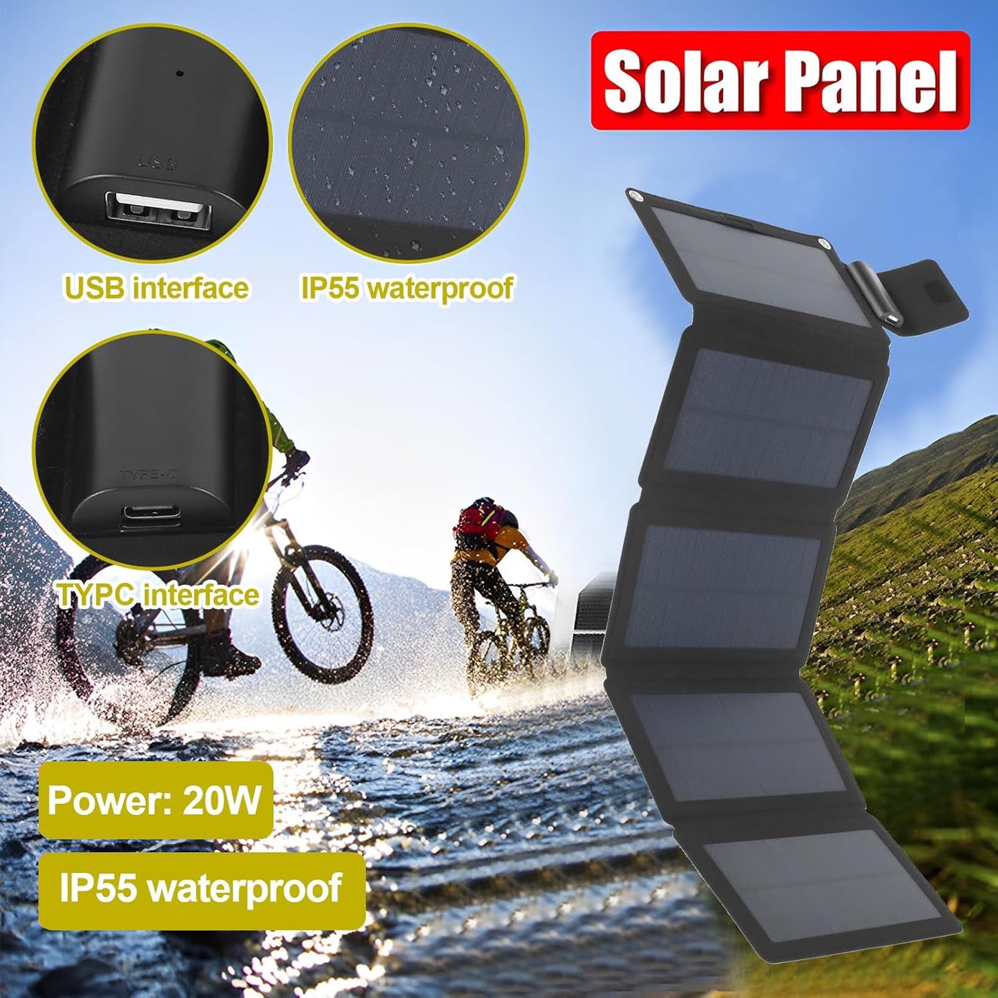 DJAPWPX 20W Folding Solar Panel Charger IP55 Waterproof Portable Solar Panel with Climbing Buckles USB TYPC Solar Power Charger Outdoor Solar Panel Phone Chargers for Outdoor Camping Hiking (B)