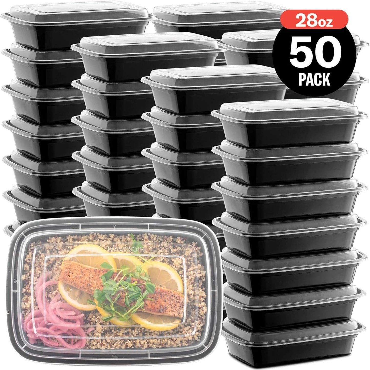 50-Pack Meal Prep Plastic Microwavable Food Containers for Meal Prepping with Lids 28 oz. 1 Compartment Black Rectangular Reusable Storage Lunch Boxes -BPA-Free Food Grade -Freezer & Dishwasher Safe