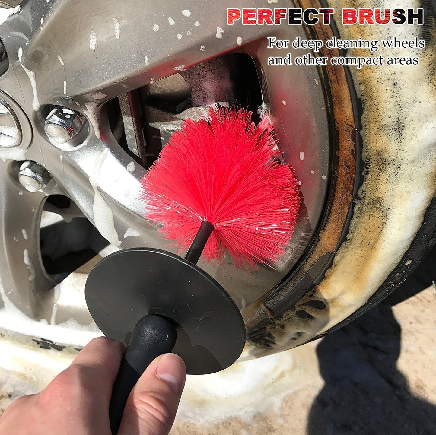 TAKAVU Master Wheel Tire Brush, Easy Reach Wheel and Rim Detailing Brush Long Soft Bristle, Car Tire Brush, Wheel Scrub Brush, Multipurpose use for Wheels Rims Exhaust Tips Motorcycles (Red)