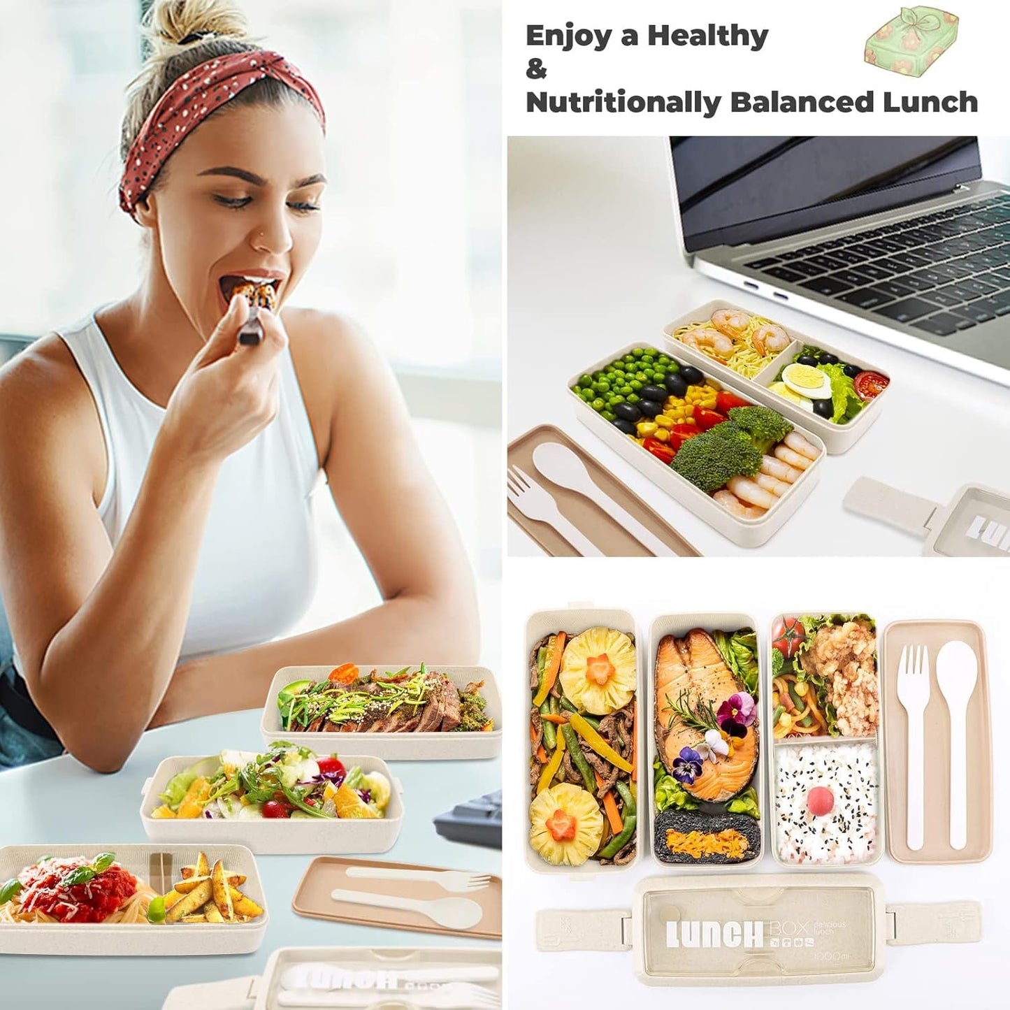 Yirochan 3 Layer Bento Box for Adults, 4-in-1 Meal Prep Container with Fork & Spoon, 1000ml Food Storage for Men Women Student School Office, Microwave Dishwasher Safe Available (Beige)