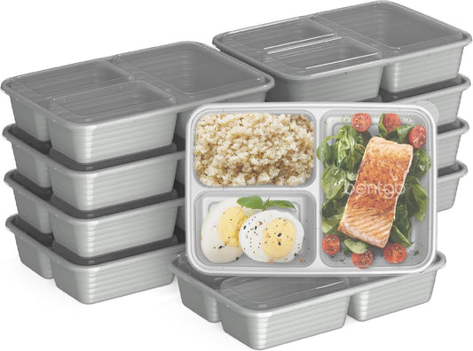 Bentgo Prep 3-Compartment Meal-Prep Containers with Custom-Fit Lids - Microwaveable, Durable, Reusable, BPA-Free, Freezer and Dishwasher Safe Food Storage Containers - 10 Trays & 10 Lids (Silver)