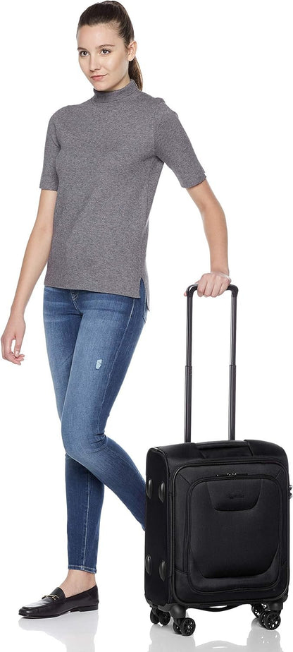Amazon Basics 20-Inch Carry On Luggage, Softside Suitcase With TSA Lock, 8 Spinner Wheels, Front Exterior Pocket, 3 Interior Pockets For Dry and Damp Clothes/Towels Separately, Black
