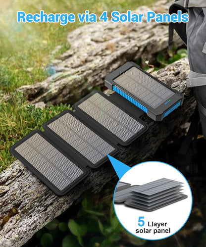 Solar Power Bank 38800mAh with 4 Solar Panels, Power Bank USB-C 18W Fast Charge for Compatible Phones, IP67 Waterproof Outdoor External Batteries with Flashlight Light/SOS/Strobe