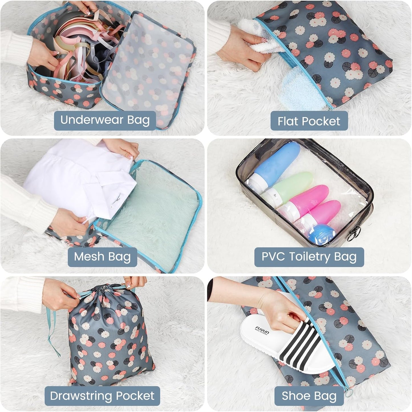 Sarsumir Travel Suitcase Organizer, 8 Pieces Packing Cubes Organizer Suitcase Travel Organizer with Waterproof Bags Toiletry Clothes Shoes, Blue Flower