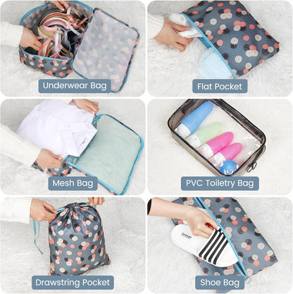 Sarsumir Travel Suitcase Organizer, 8 Pieces Packing Cubes Organizer Suitcase Travel Organizer with Waterproof Bags Toiletry Clothes Shoes, Blue Flower