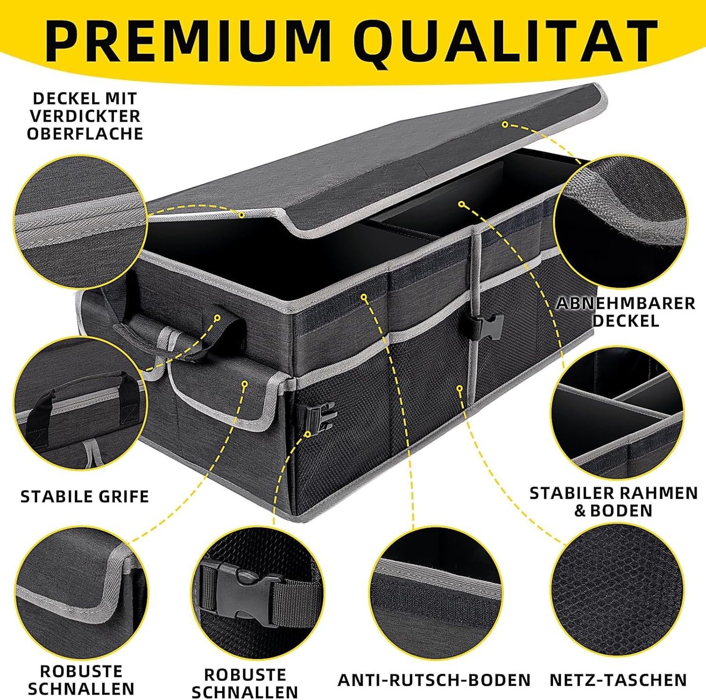 BPFY Black Collapsible Car Trunk Organizer for Suv with Lid, Large Trunk Organizer for Car with Anti Slip Velcro, Oxford Multi-Compartments Car Organizer Trunk