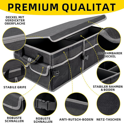 BPFY Black Collapsible Car Trunk Organizer for Suv with Lid, Large Trunk Organizer for Car with Anti Slip Velcro, Oxford Multi-Compartments Car Organizer Trunk