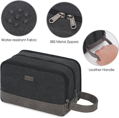 WANDF Travel Toiletry Bag for Men Hanging Dopp Kit Canvas Toiletry Organizer Water-Resistant Vegan Leather Shaving Bag for Toiletries Accessories (Black)