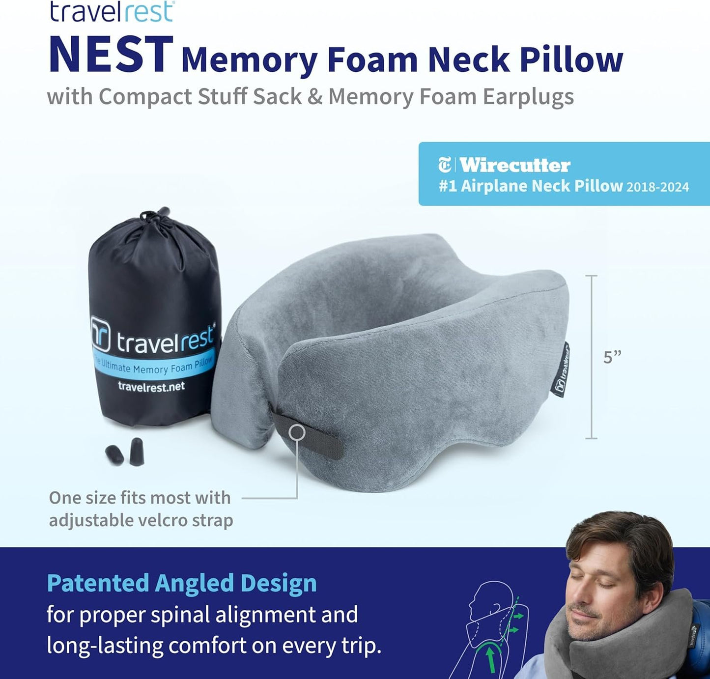 TRAVELREST Nest Memory Foam Travel Neck Pillow, Advanced Support for Long Flights, Patented Design, Optimal Relaxation, Compact, Ergonomic, Washable, On-The-Go, Attaches to Luggage - Gray