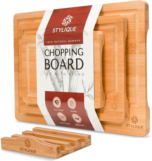 STYLIQUE Wooden Chopping Board Set of 3 with Cutting Board Organiser, Meal Prep Wooden Cutting Boards XL Chopping Board, Cheese Board, Kitchen Tools Gadgets, Bamboo Chopping Board Large Format