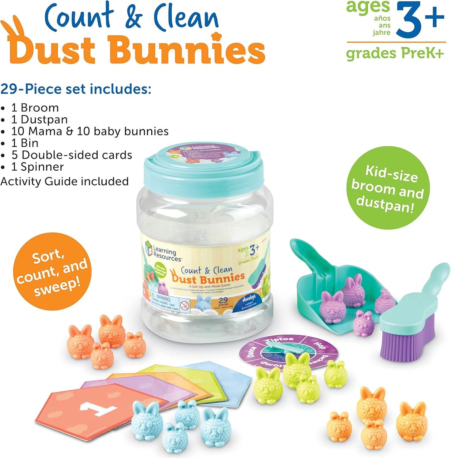 Learning Resources Count & Clean Dust Bunnies, Toddler Activities, Educational Toys Set, Color Teaching Toys, 29 Pieces, Age 3+