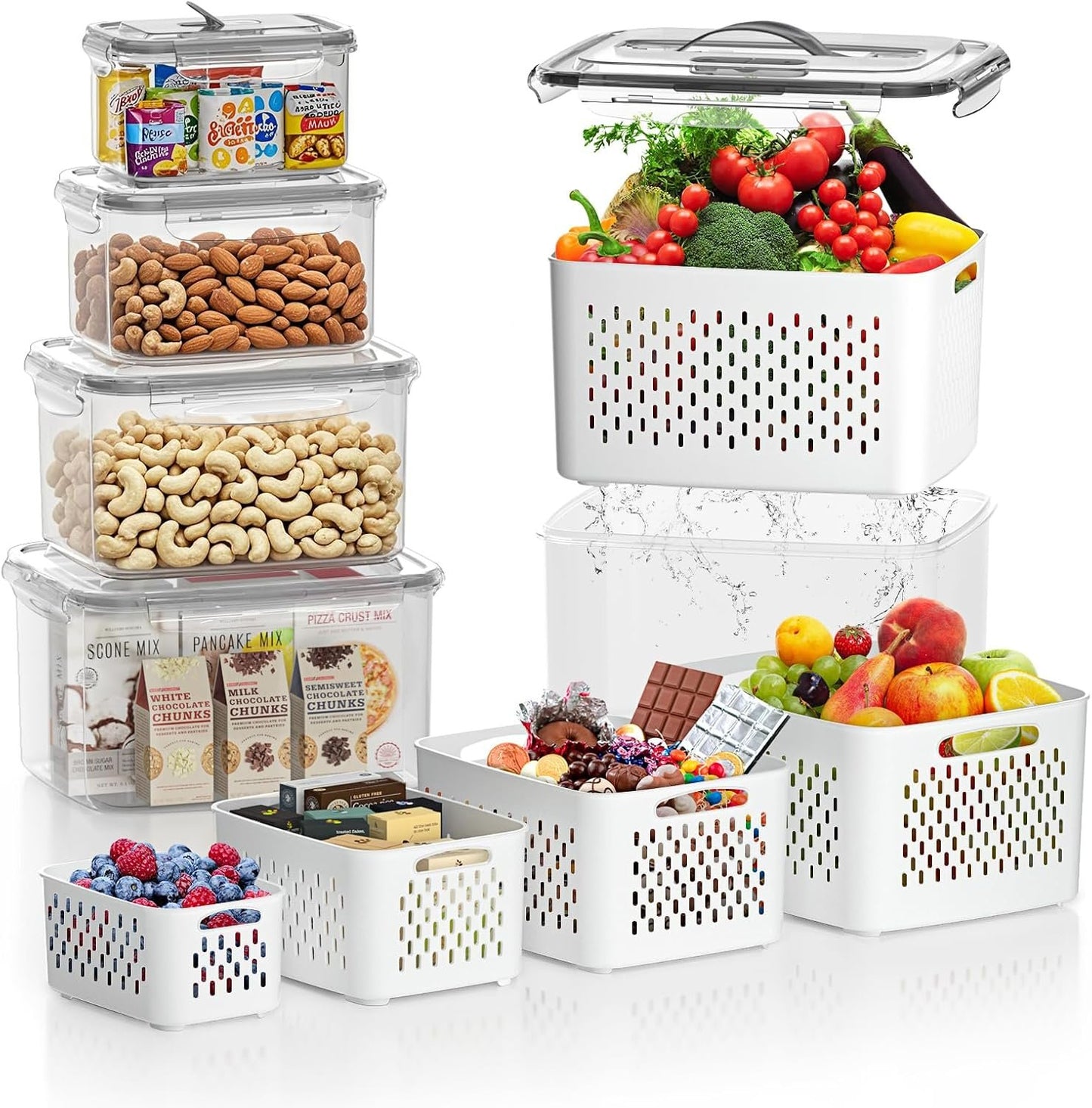 5 PCS Fruit Storage Containers for Fridge, 5 Sizes (13oz-140oz) Leakproof & Airtight with Silicone Seal, Draining Colander, Food Grade BPA-Free, Keep Fruits Vegetables Fresh for Camping, Kitchen