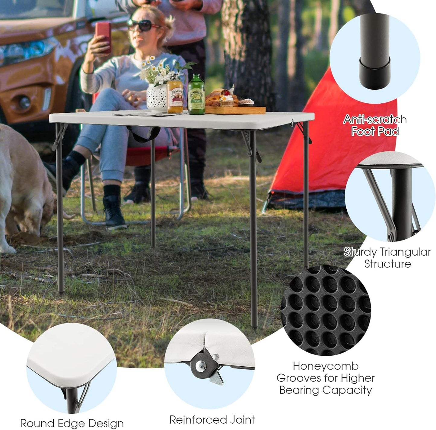 Costway Folding Camping Table, Portable Picnic Camp Table with Handle, Outdoor Lightweight Dining Table with All-Weather HDPE Tabletop and Rustproof Steel Frame (White)