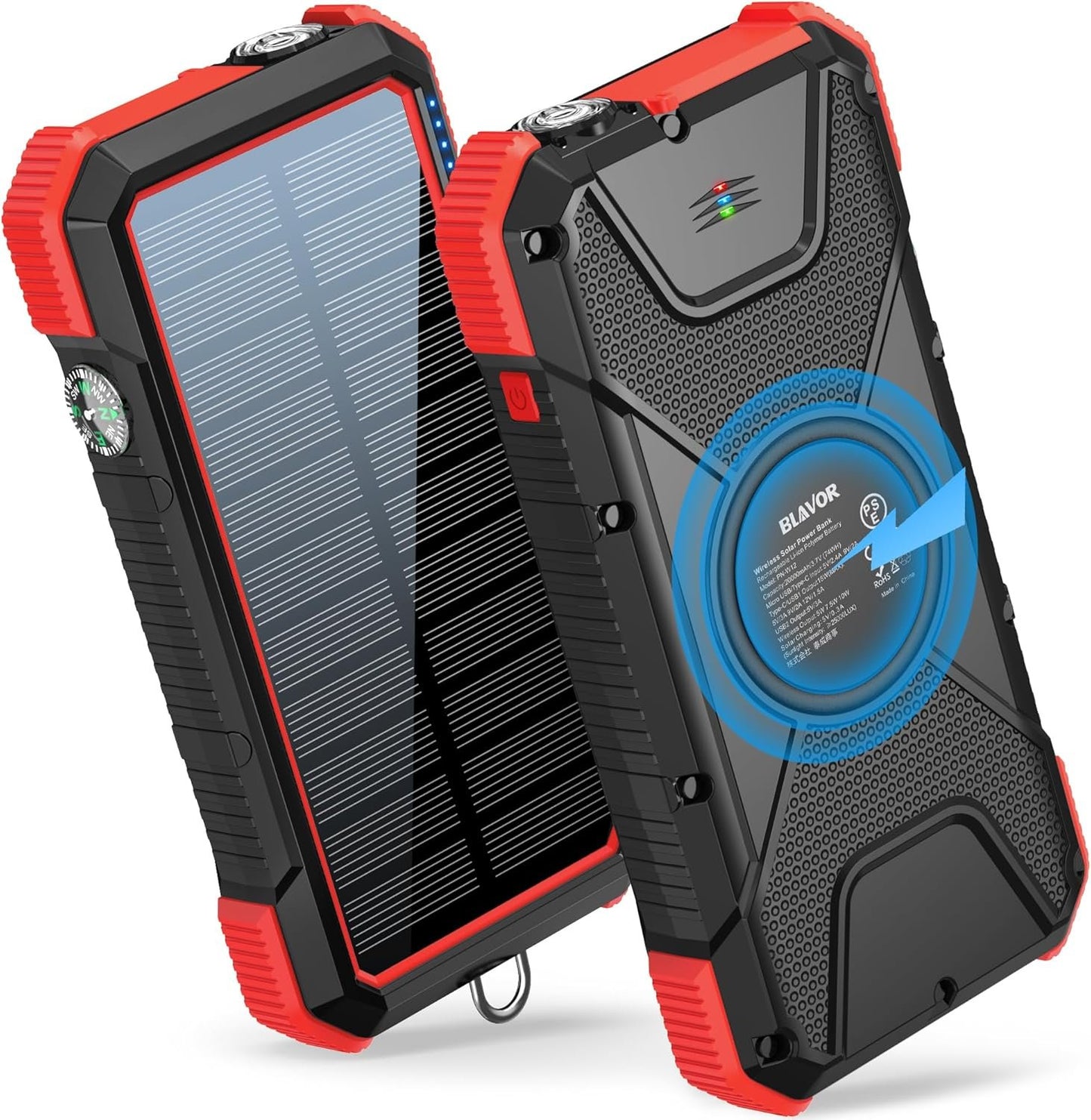 BLAVOR Solar Power Bank, PD 18W QC3.0 Fast Charging 10W Wireless Charger 20000mAh Solar Powered Powerbank with Type C Input/Output, IPX5 Waterproof, Camping Flashlight, Compass, Carabiner (Red)