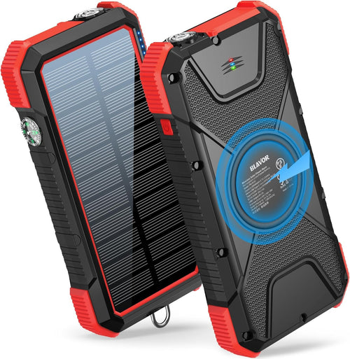 BLAVOR Solar Power Bank, PD 18W QC3.0 Fast Charging 10W Wireless Charger 20000mAh Solar Powered Powerbank with Type C Input/Output, IPX5 Waterproof, Camping Flashlight, Compass, Carabiner (Red)