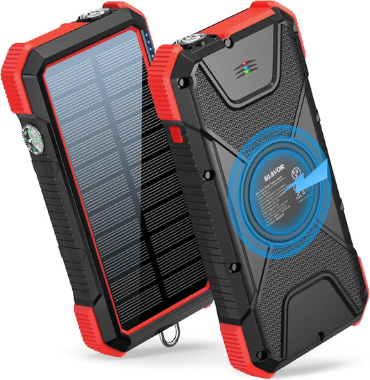 BLAVOR Solar Power Bank, PD 18W QC3.0 Fast Charging 10W Wireless Charger 20000mAh Solar Powered Powerbank with Type C Input/Output, IPX5 Waterproof, Camping Flashlight, Compass, Carabiner (Red)