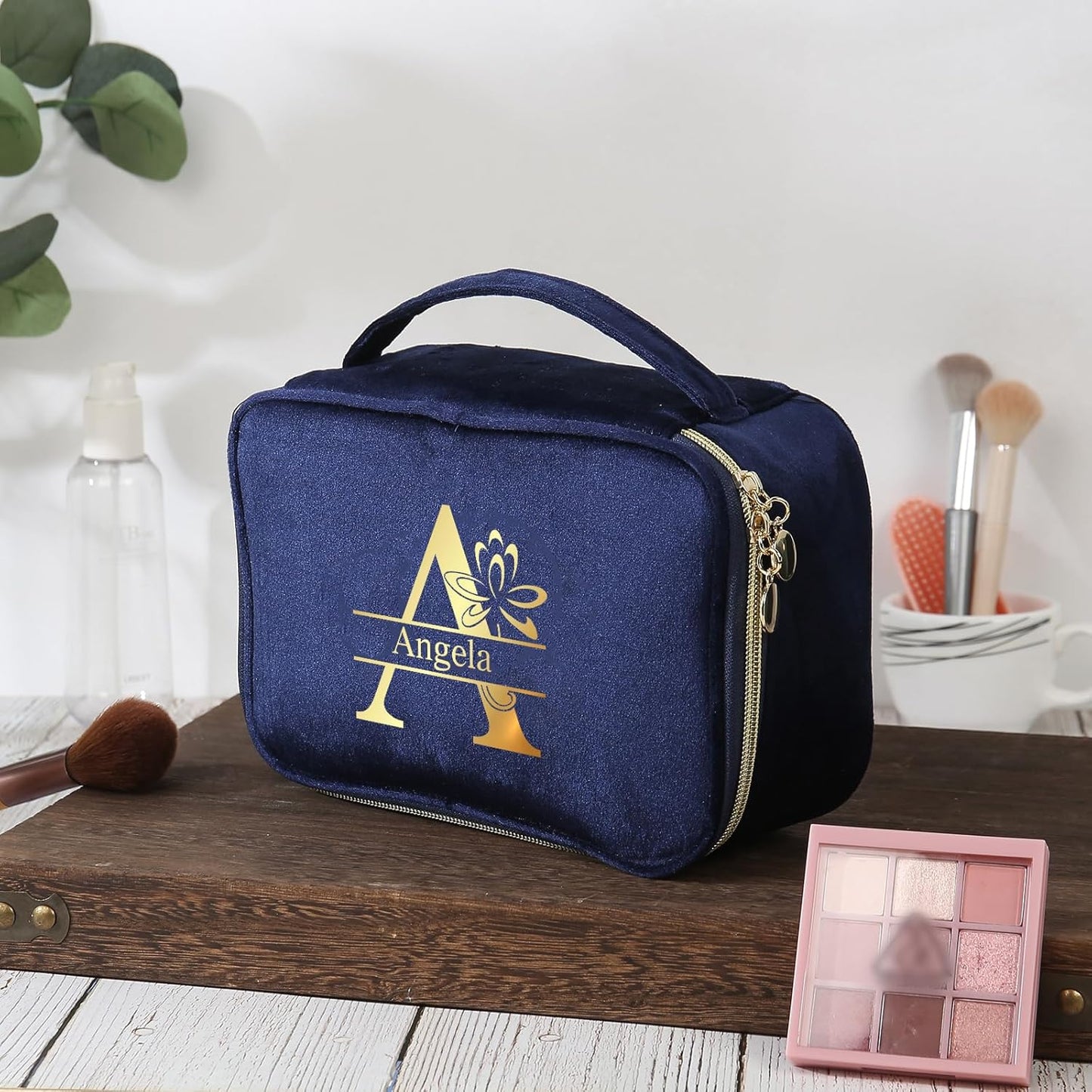 Kaululu Personalised Women's Makeup Bag Engraved with Birthday Flower and Name Travel Makeup Organizer Make Up Bag, #Blue, Simple