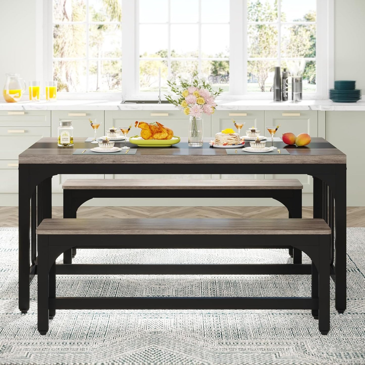 Tribesigns Dining Table with 2 Benches for Living Room, Kitchen, Grey