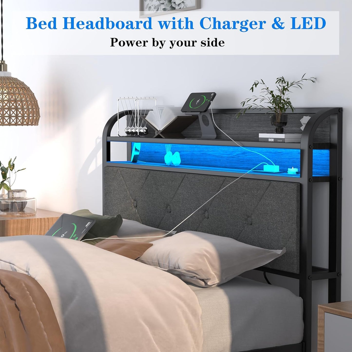 Bed Frame with Charging Station and LED Lights King Size,Upholstered Headboard with Storage Shelves(Dark Grey) Noise Free，Easy Assembly，No Box Spring Needed，Sturdy，Black+Rustic+ Brown