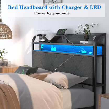 Bed Frame with Charging Station and LED Lights King Size,Upholstered Headboard with Storage Shelves(Dark Grey) Noise Free，Easy Assembly，No Box Spring Needed，Sturdy，Black+Rustic+ Brown