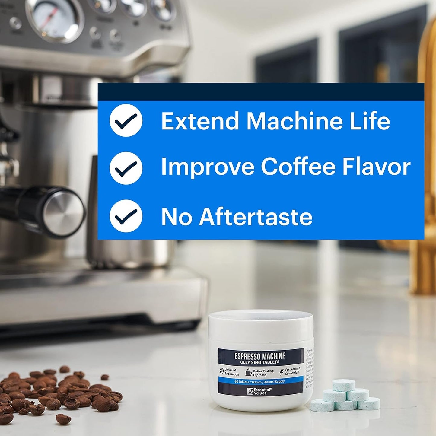 Essential Values Espresso Machine Cleaning Tablets compatible with Breville, Jura, Miele, 30 Count