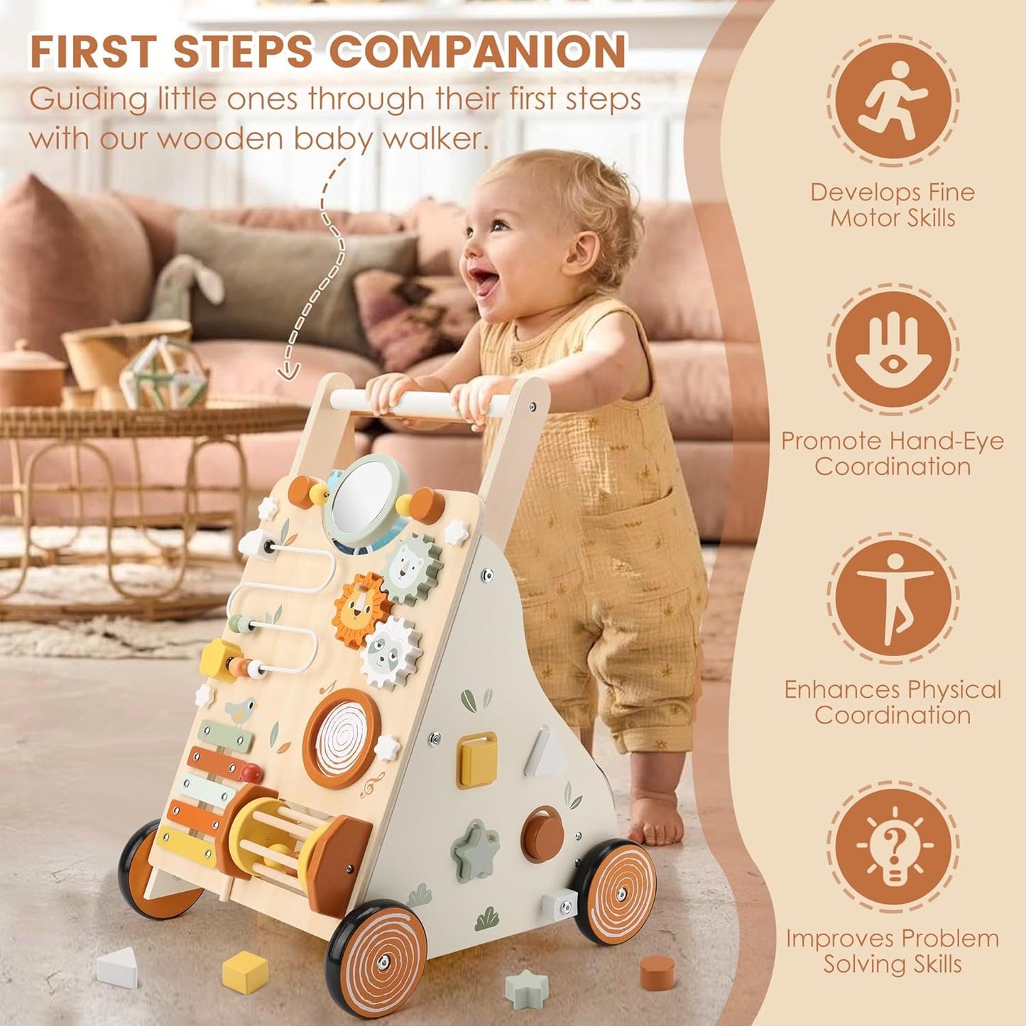 Pithfor Wooden Baby Walker, Baby Push Walker with Activity Center for Girls Boys, Push Walker Toys for Babies Learning to Walk, Sit-to-Stand