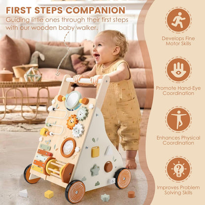 Pithfor Wooden Baby Walker, Baby Push Walker with Activity Center for Girls Boys, Push Walker Toys for Babies Learning to Walk, Sit-to-Stand