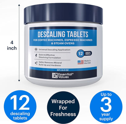 Descaling Tablets (12 Count/Up to 12 Uses) for Jura, Miele, Bosch, Tassimo Espresso Machines and Miele Steam Ovens by Essential Values (1 Pack)